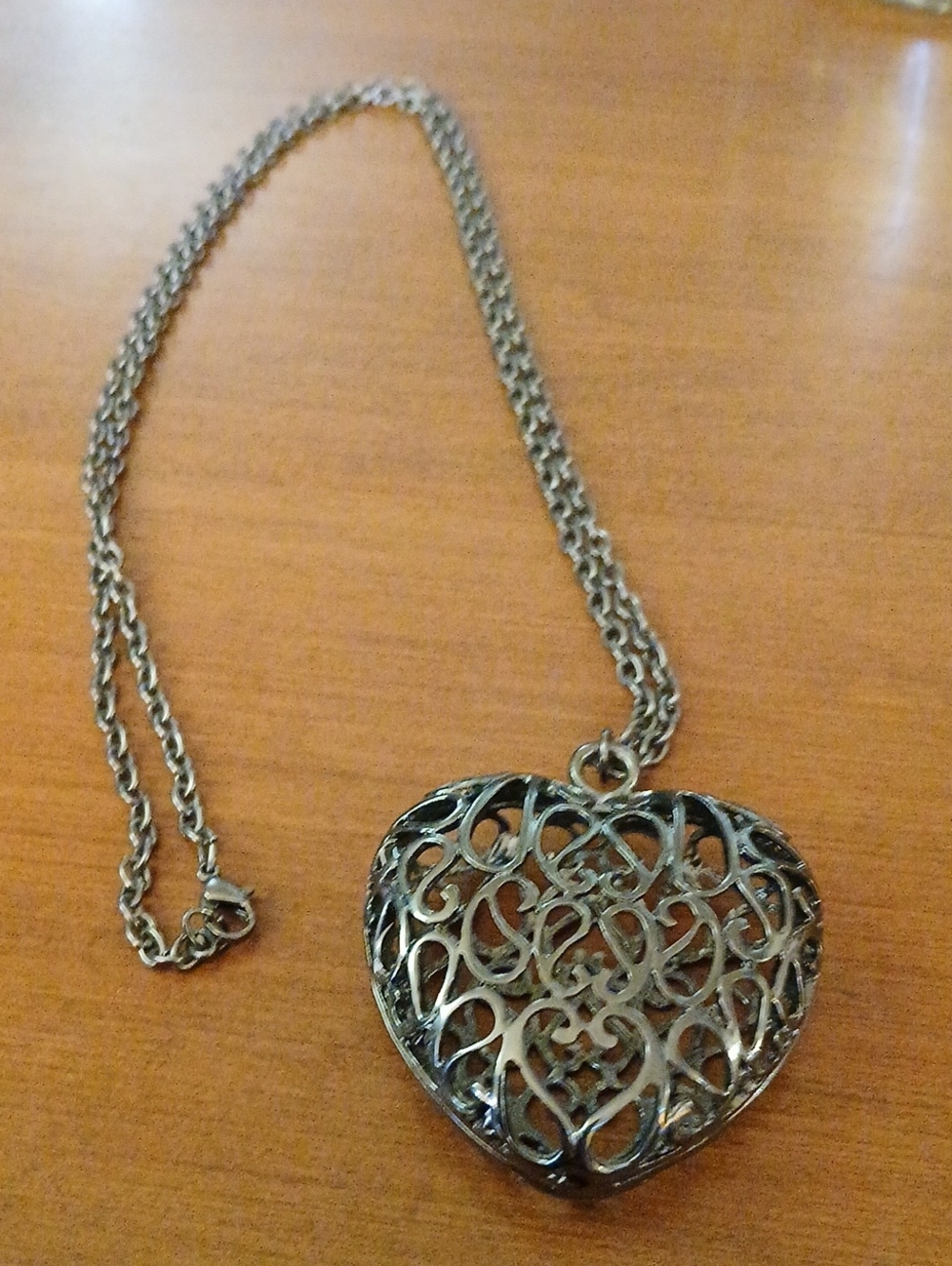 Long Filigree Heart Pendant Necklace - Silver Toned Statement